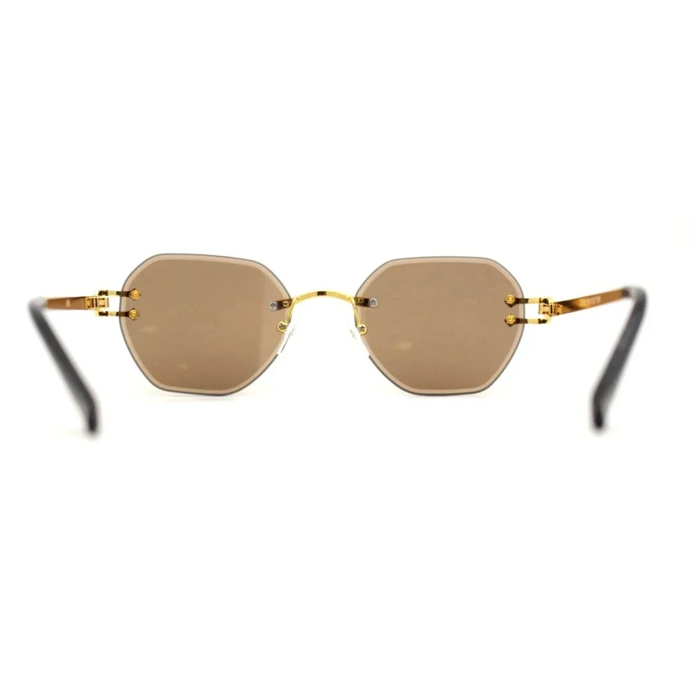 Mens Rimless Diamond CutvSunglasses Gold Metal Frame Gold Reflective Lens Lentes